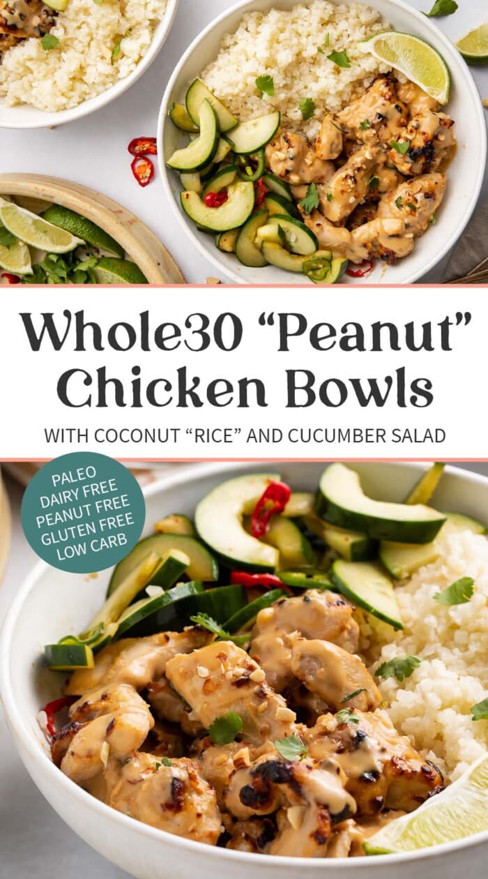 Pin graphic for Whole30 peanut chicken bowls