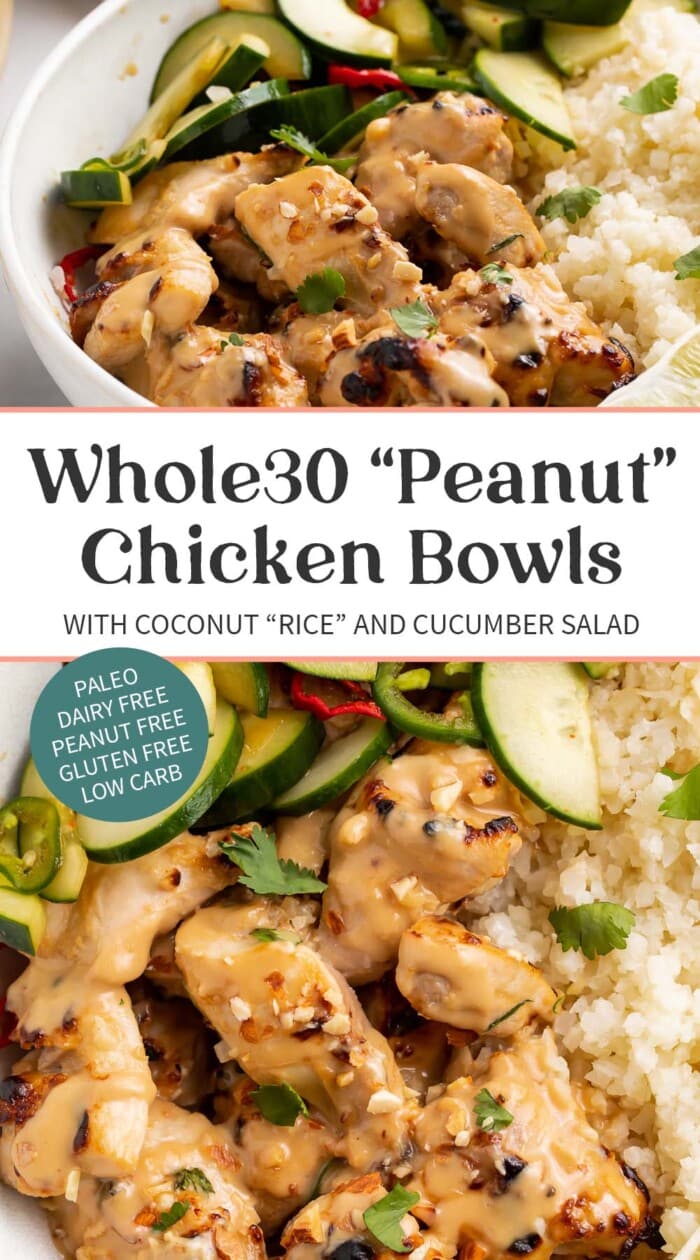 Pin graphic for Whole30 peanut chicken bowls