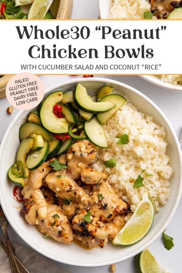 Pin graphic for Whole30 peanut chicken bowls