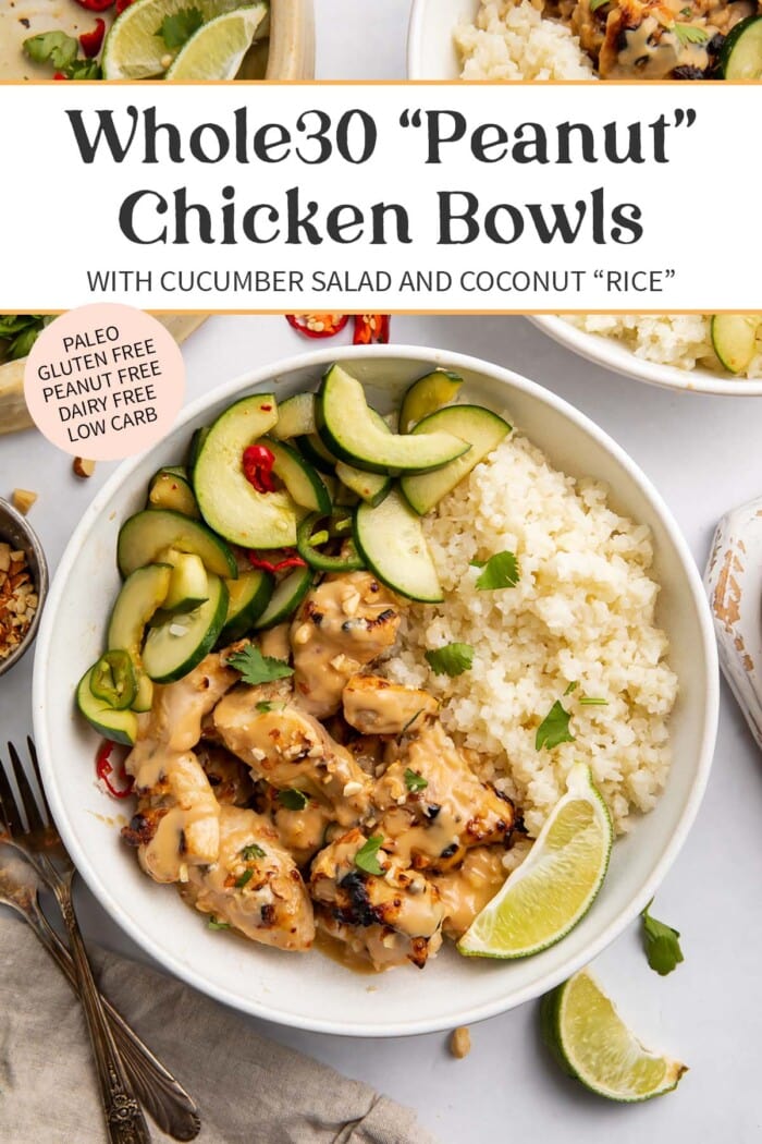 Pin graphic for Whole30 peanut chicken bowls