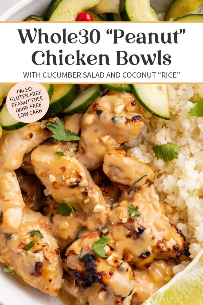 Pin graphic for Whole30 peanut chicken bowls