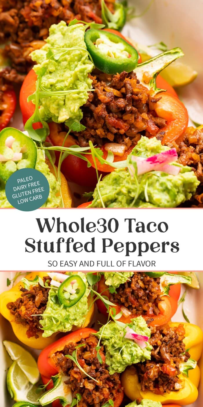 Pin graphic for Whole30 taco stuffed peppers