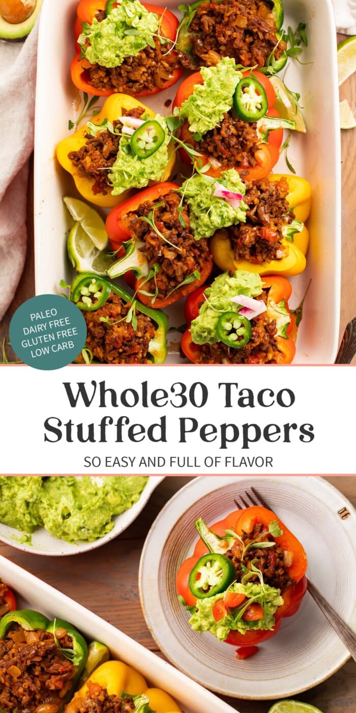 Pin graphic for Whole30 taco stuffed peppers