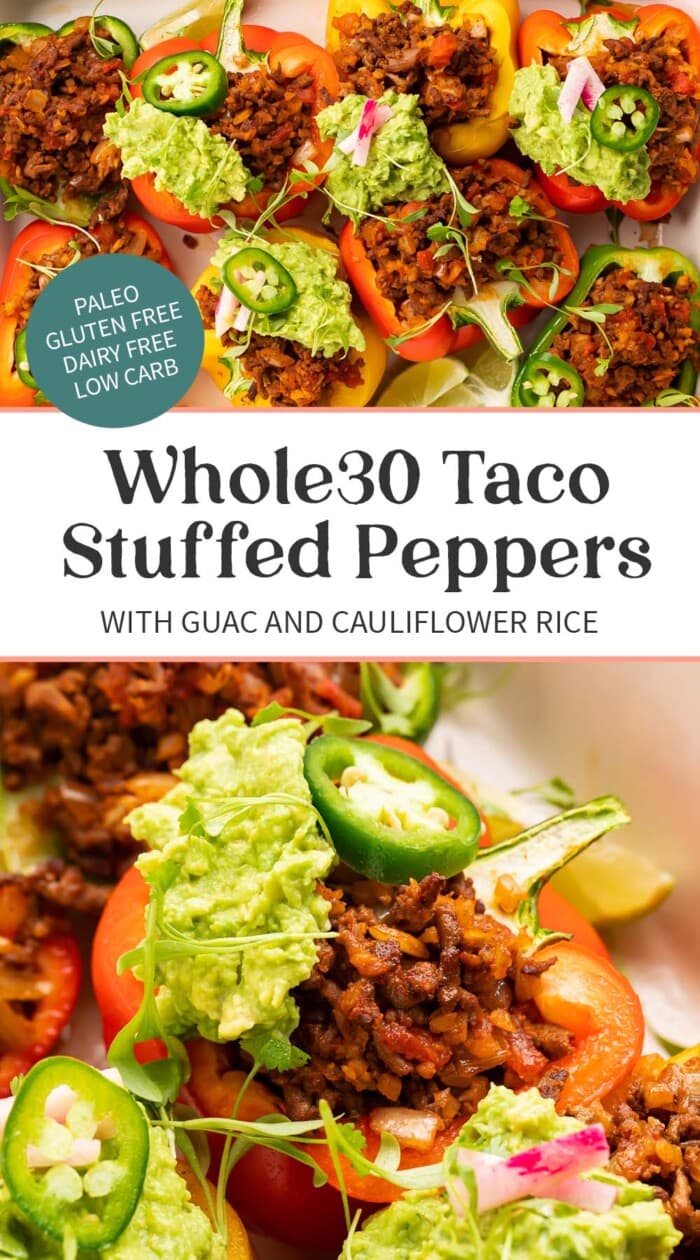 Pin graphic for Whole30 taco stuffed peppers