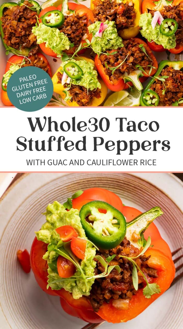 Pin graphic for Whole30 taco stuffed peppers