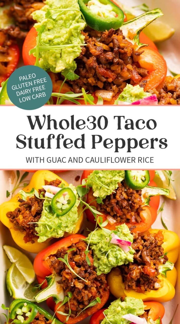 Pin graphic for Whole30 taco stuffed peppers