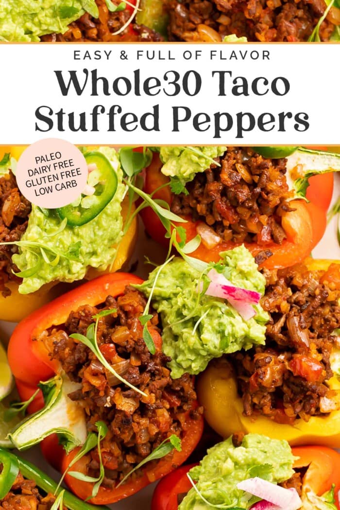 Pin graphic for Whole30 taco stuffed peppers