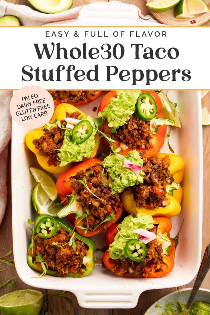 Pin graphic for Whole30 taco stuffed peppers