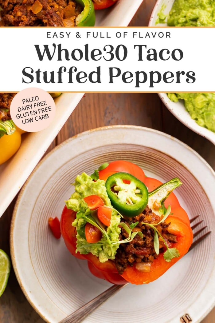 Pin graphic for Whole30 taco stuffed peppers