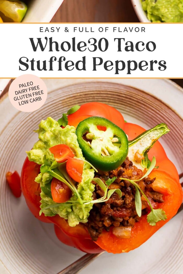 Pin graphic for Whole30 taco stuffed peppers