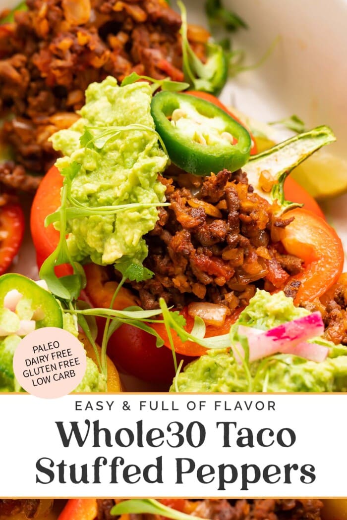 Pin graphic for Whole30 taco stuffed peppers