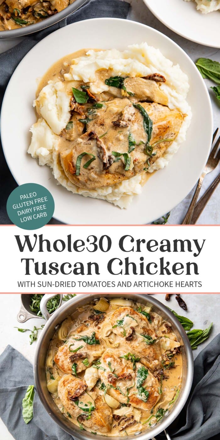 Pin graphic for Whole30 tuscan chicken