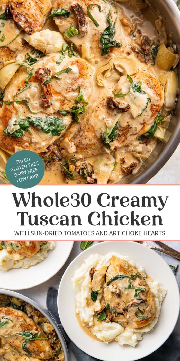 Pin graphic for Whole30 tuscan chicken