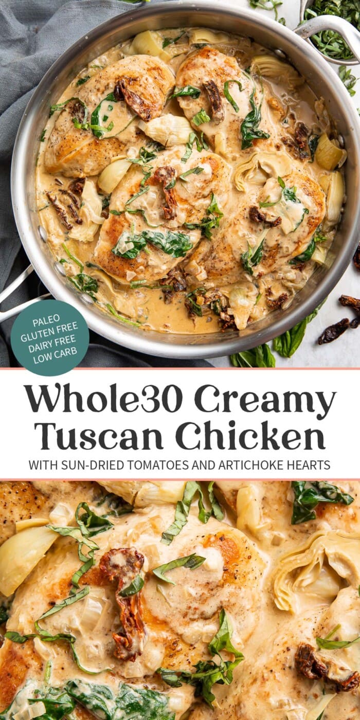 Pin graphic for Whole30 tuscan chicken