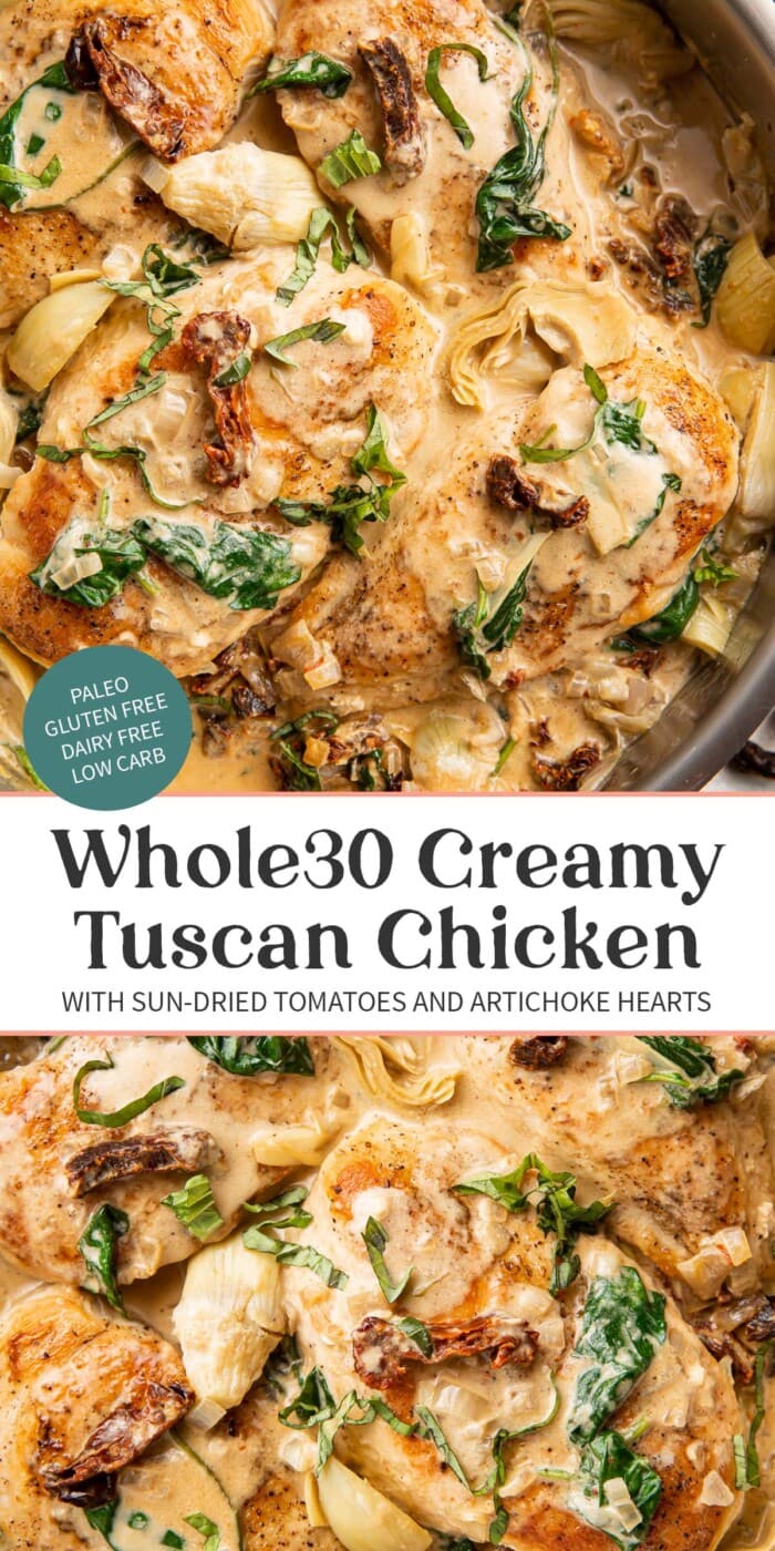 Pin graphic for Whole30 tuscan chicken