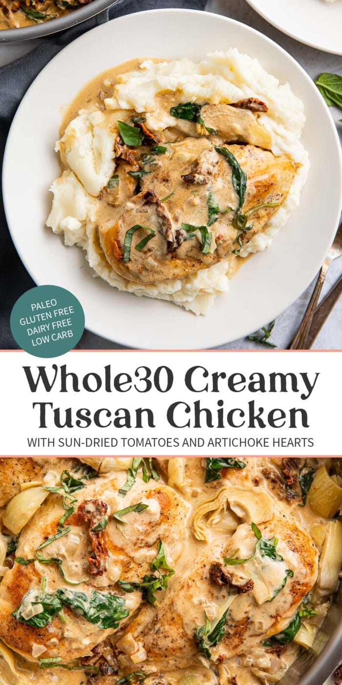 Pin graphic for Whole30 tuscan chicken