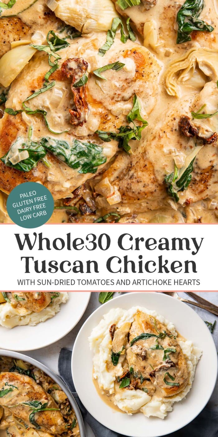 Pin graphic for Whole30 tuscan chicken