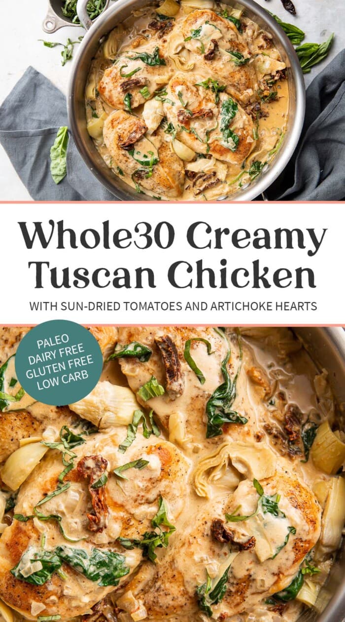 Pin graphic for Whole30 tuscan chicken