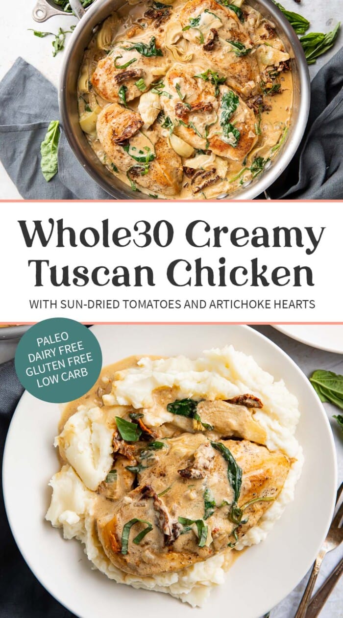 Pin graphic for Whole30 tuscan chicken