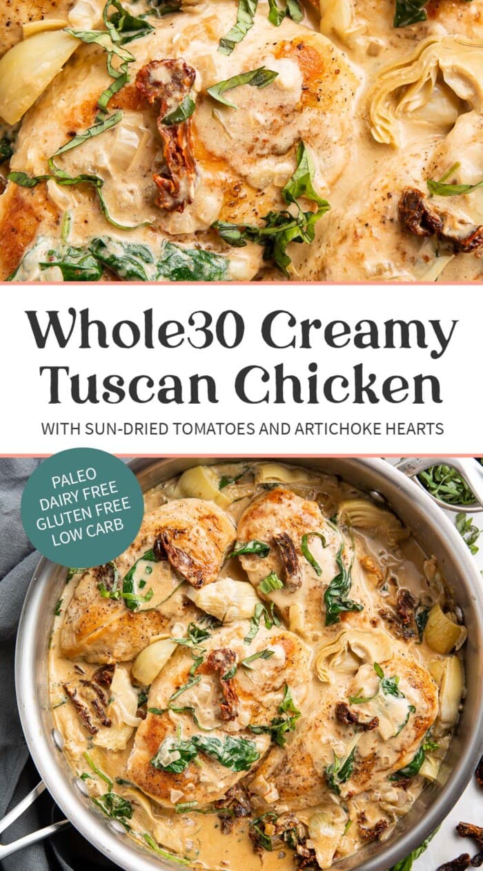 Pin graphic for Whole30 tuscan chicken