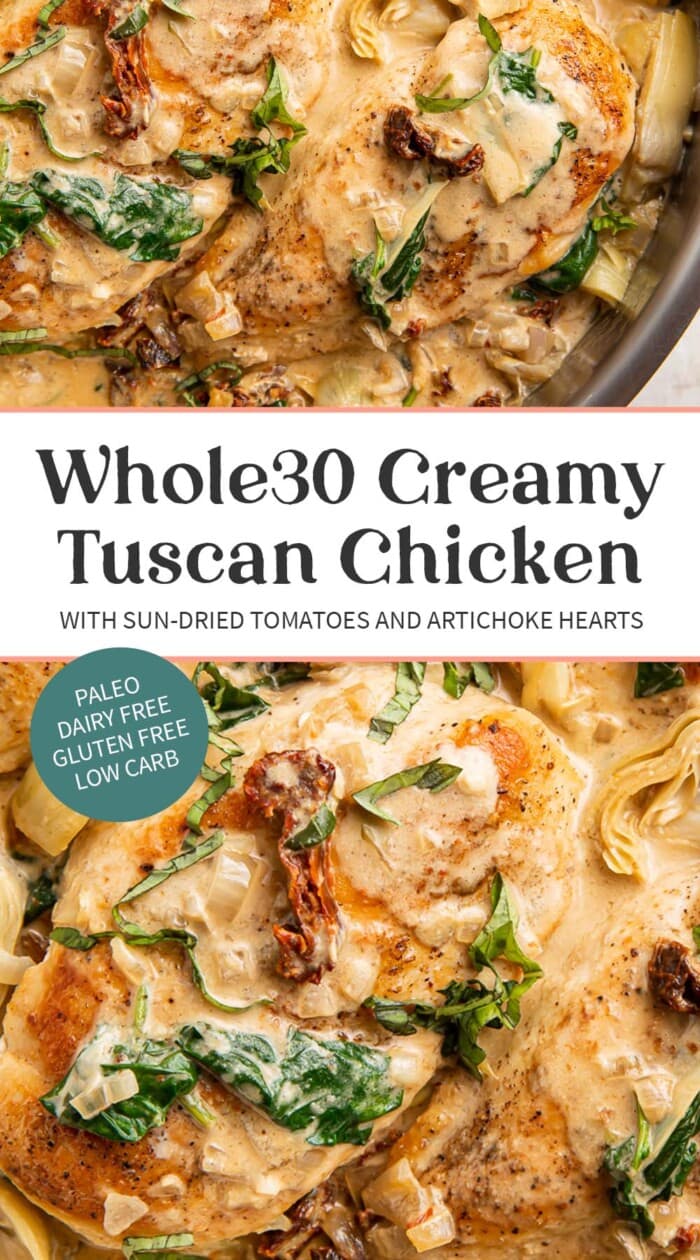 Pin graphic for Whole30 tuscan chicken