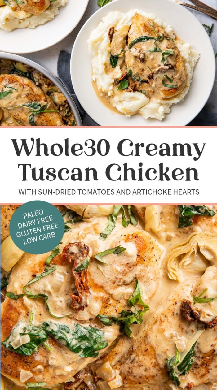 Pin graphic for Whole30 tuscan chicken