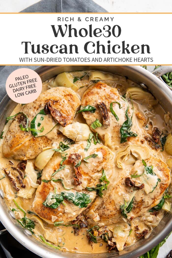 Pin graphic for Whole30 tuscan chicken