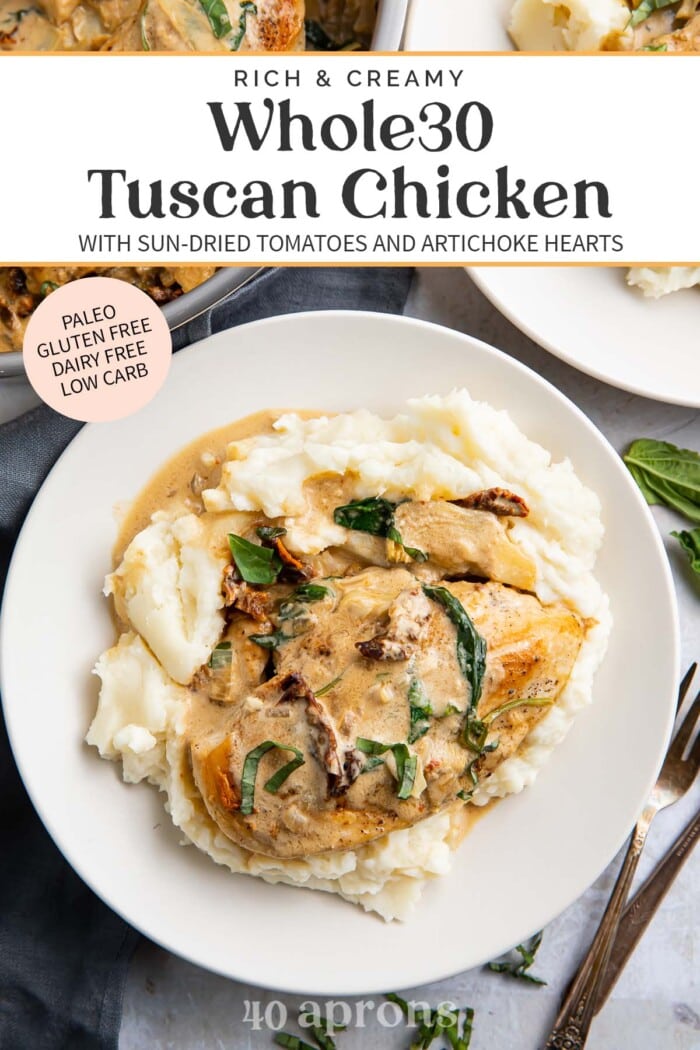 Pin graphic for Whole30 tuscan chicken