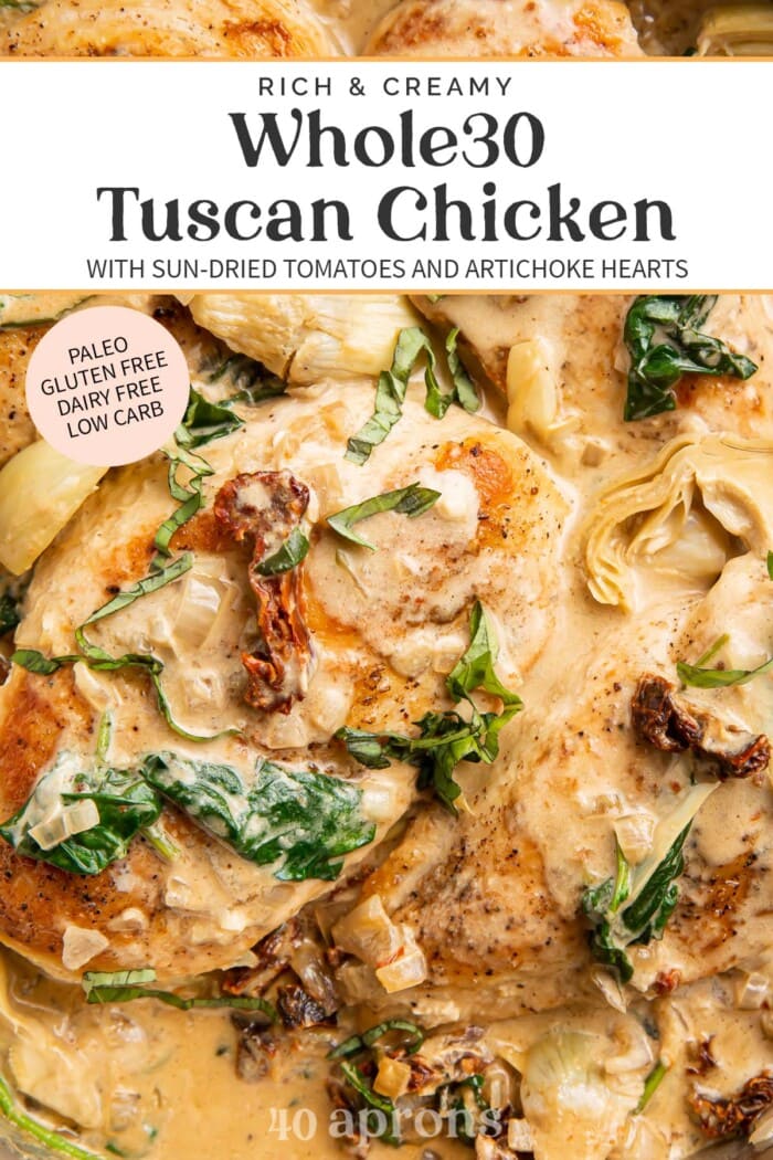 Pin graphic for Whole30 tuscan chicken