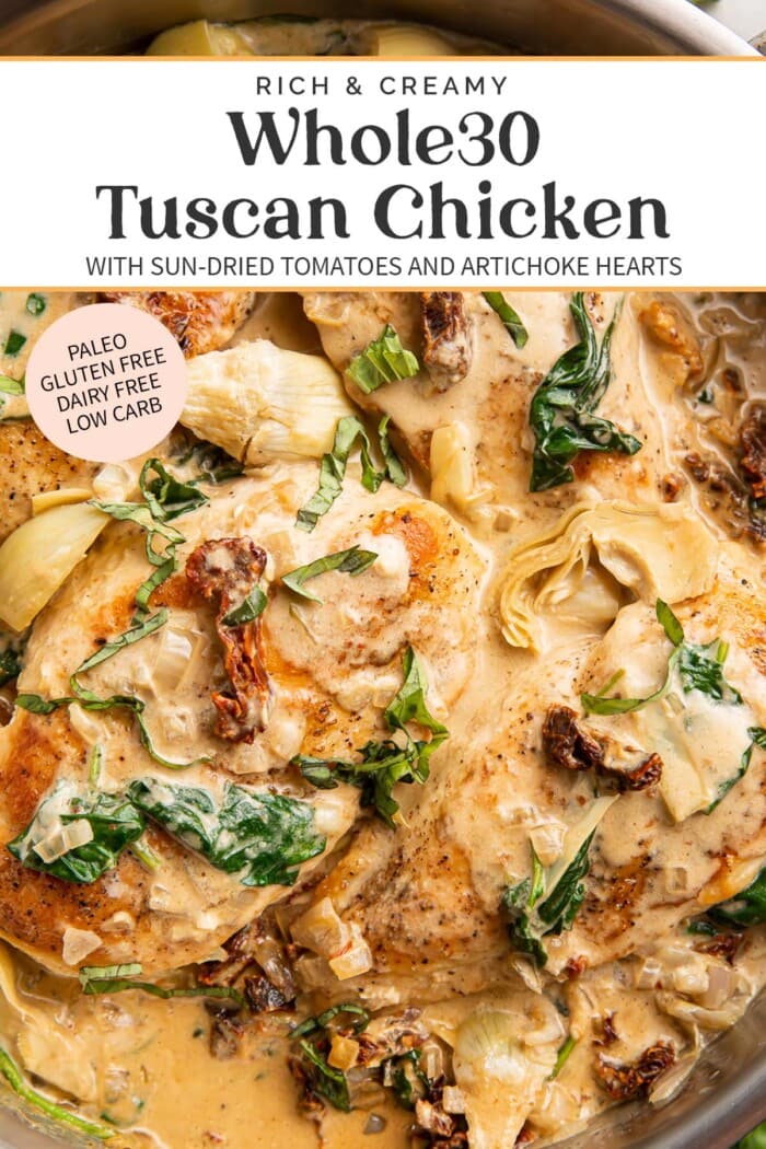 Pin graphic for Whole30 tuscan chicken