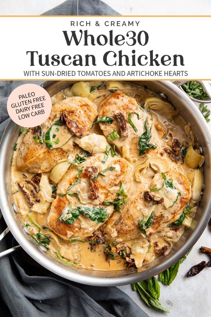 Pin graphic for Whole30 tuscan chicken