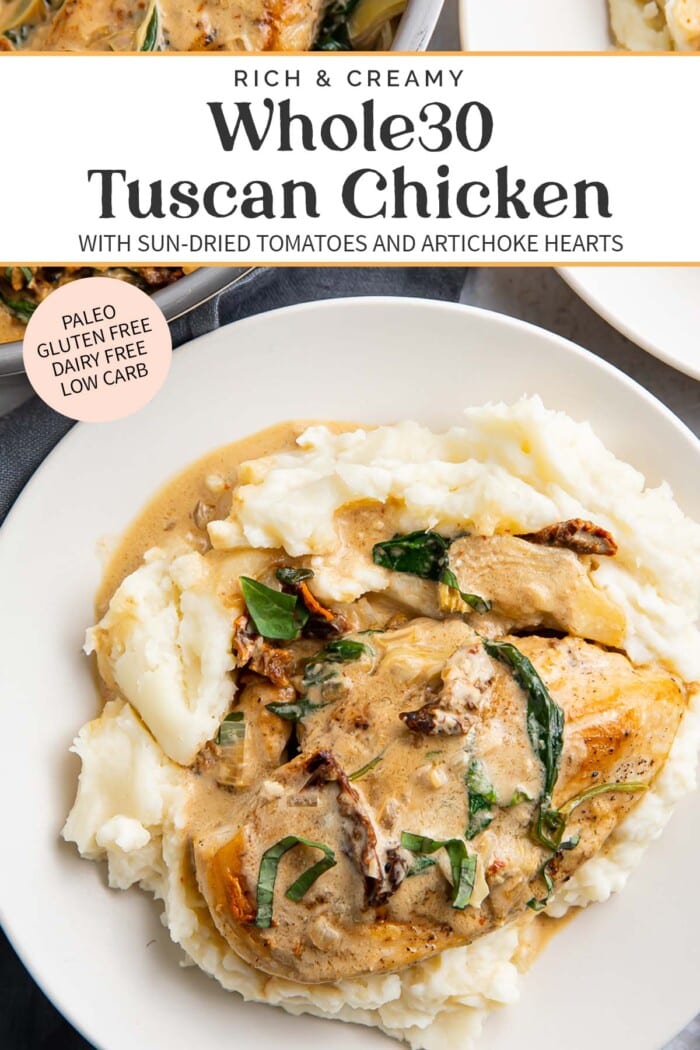 Pin graphic for Whole30 tuscan chicken