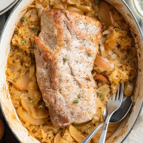 pork and sauerkraut in a dutch oven