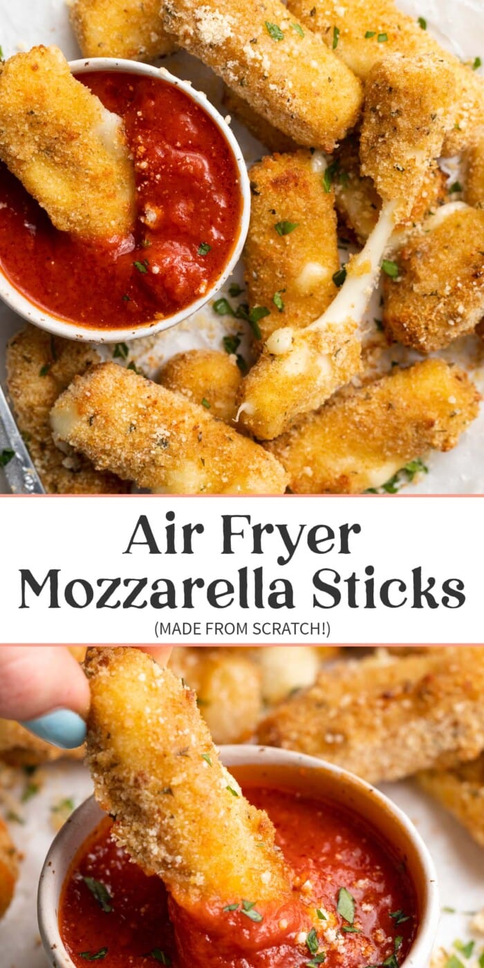 Pin graphic for air fryer mozzarella sticks.