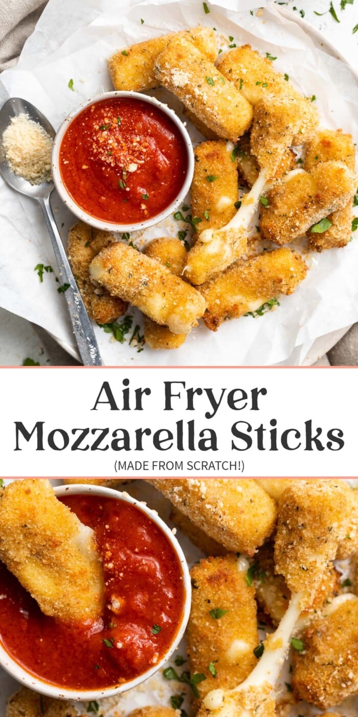 Pin graphic for air fryer mozzarella sticks.