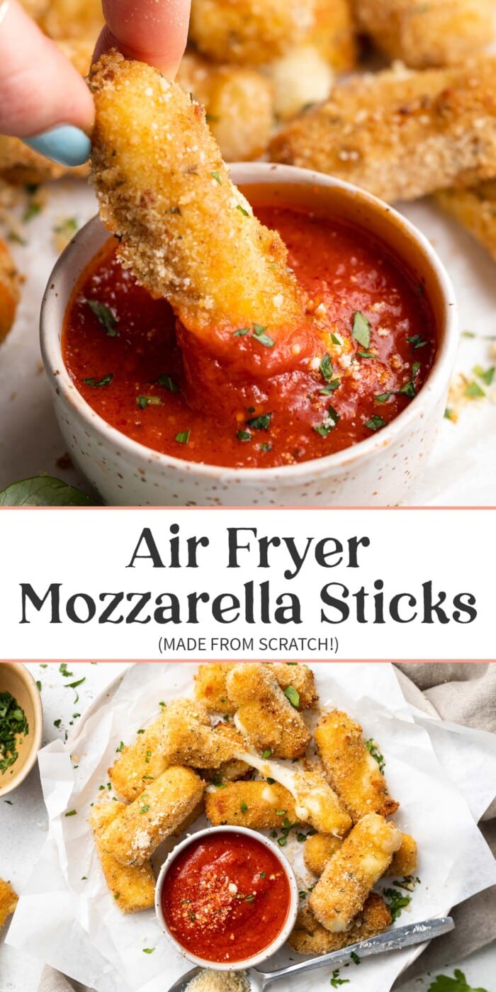 Pin graphic for air fryer mozzarella sticks.