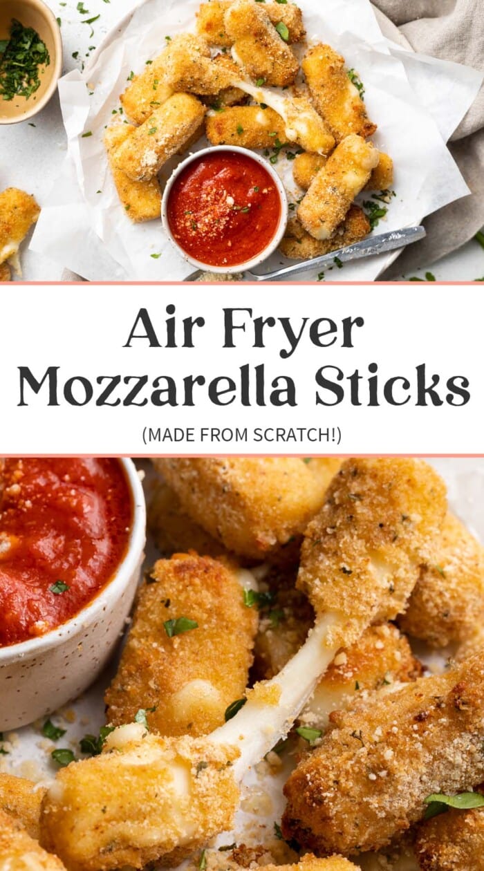 Pin graphic for air fryer mozzarella sticks.