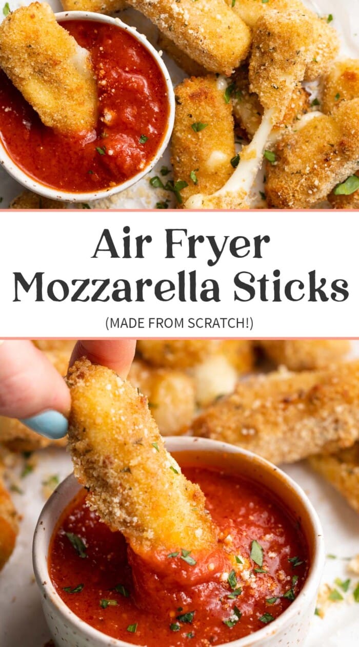 Pin graphic for air fryer mozzarella sticks.