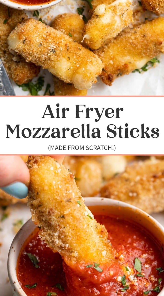 Pin graphic for air fryer mozzarella sticks.