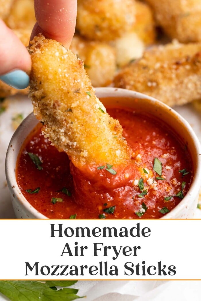 Pin graphic for air fryer mozzarella sticks.