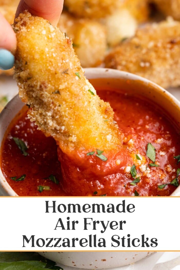 Pin graphic for air fryer mozzarella sticks.