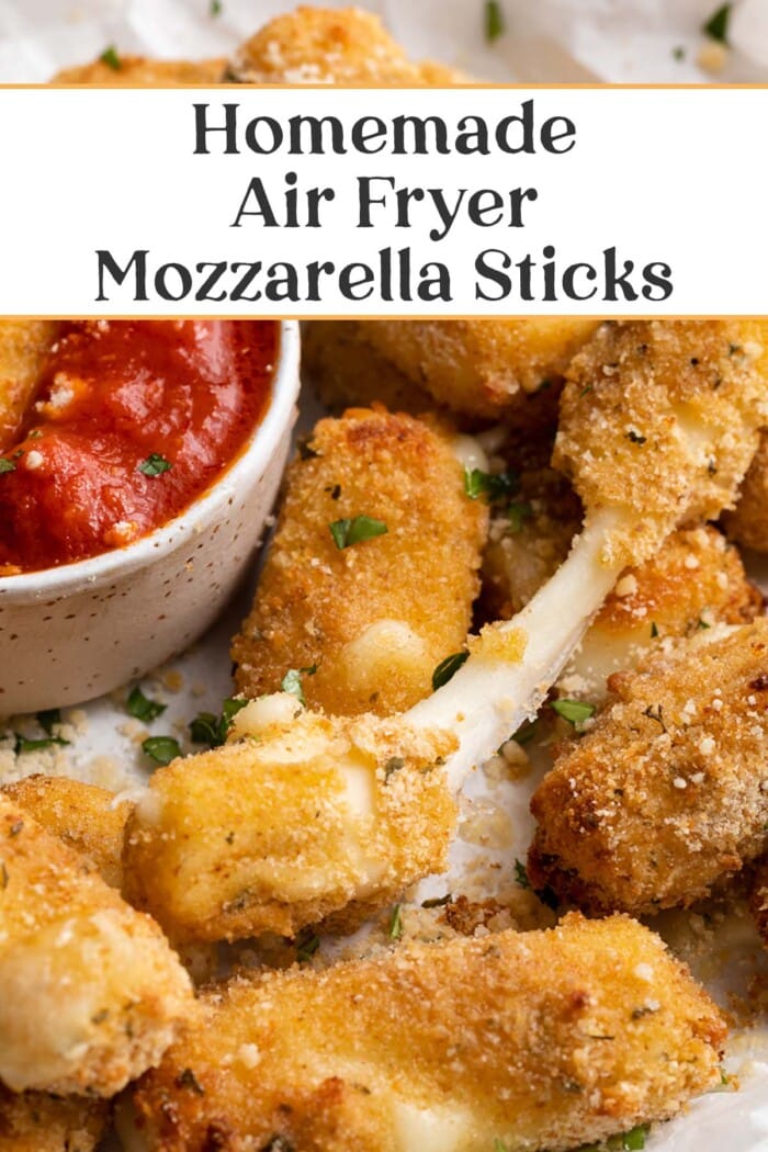 Pin graphic for air fryer mozzarella sticks.