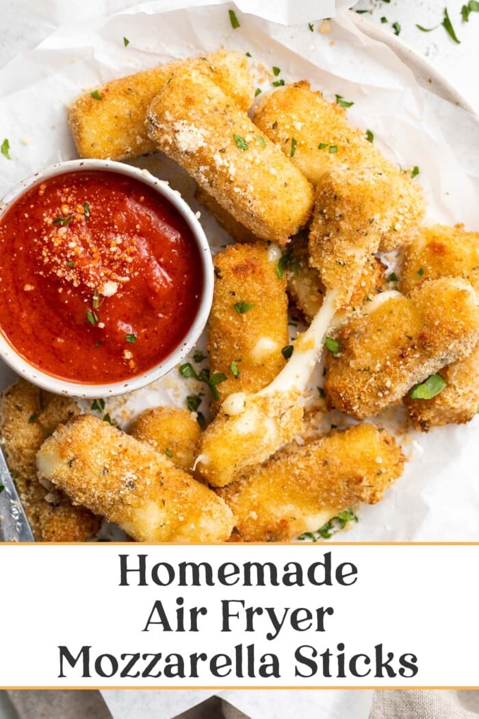 Pin graphic for air fryer mozzarella sticks.