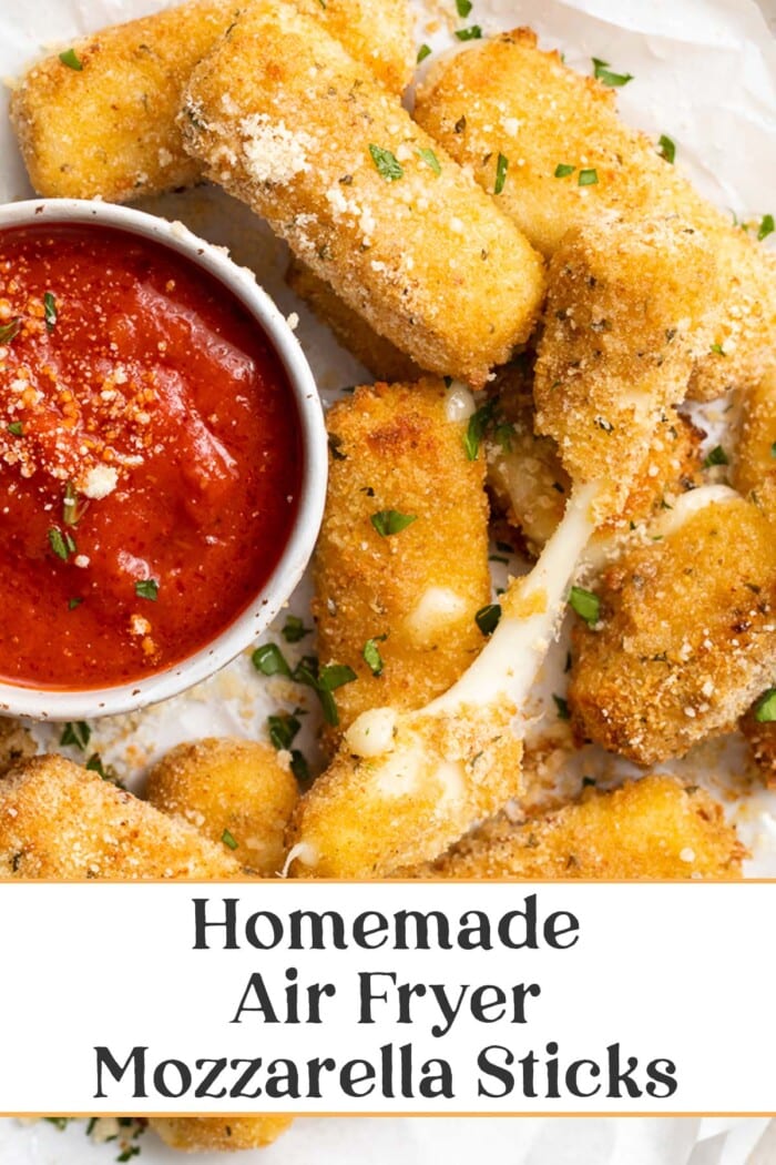 Pin graphic for air fryer mozzarella sticks.