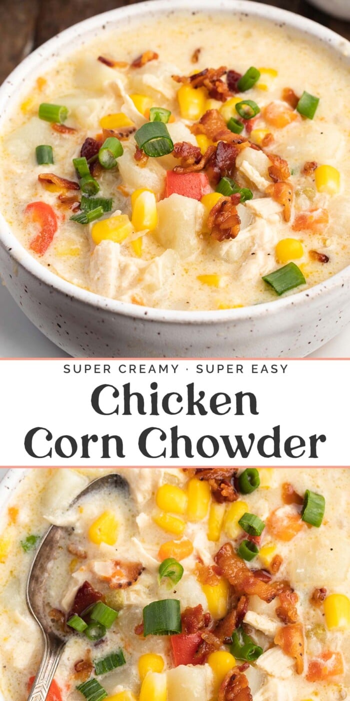 Pin graphic for chicken corn chowder.