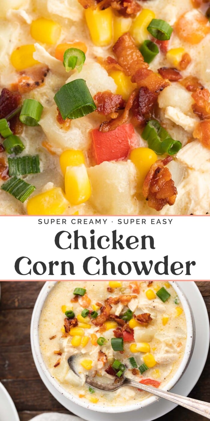 Pin graphic for chicken corn chowder.