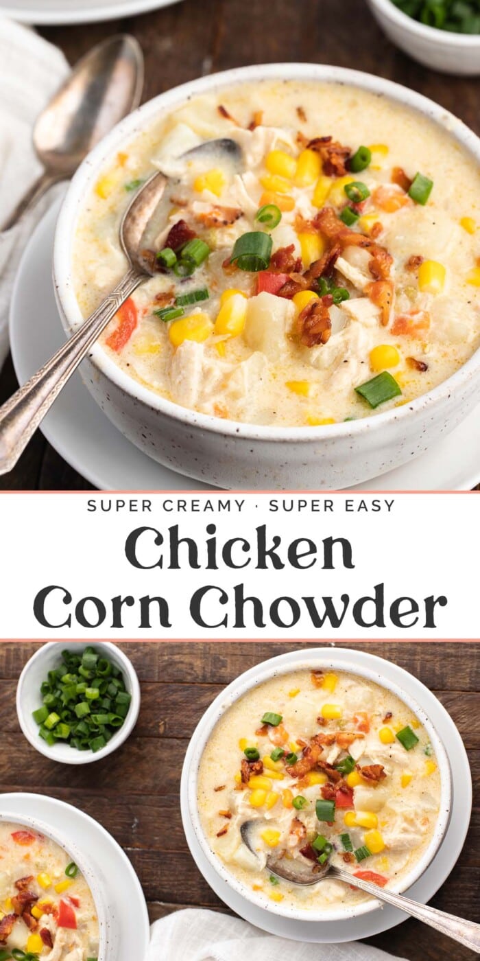 Pin graphic for chicken corn chowder.