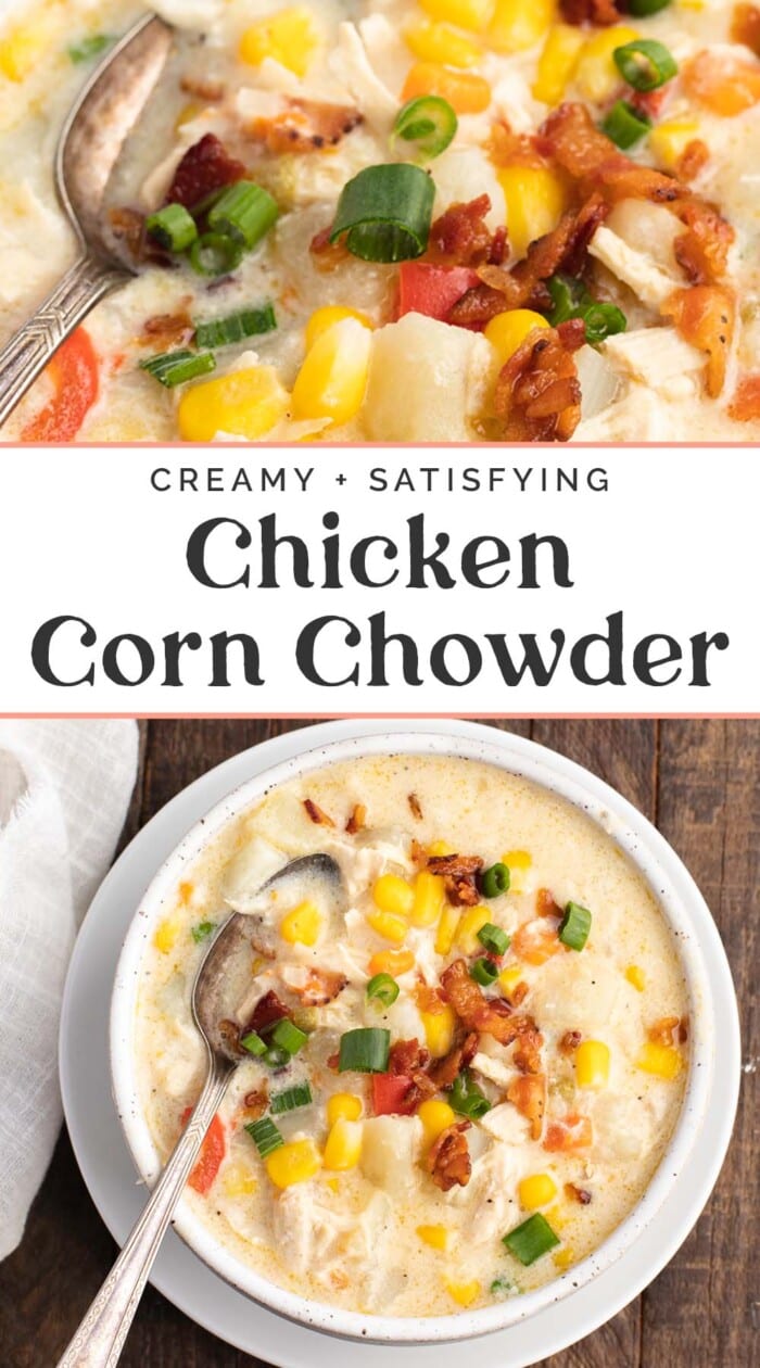 Pin graphic for chicken corn chowder.