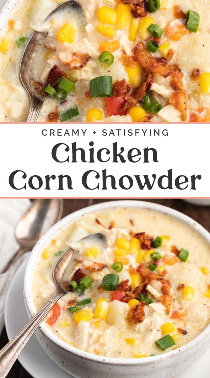 Pin graphic for chicken corn chowder.