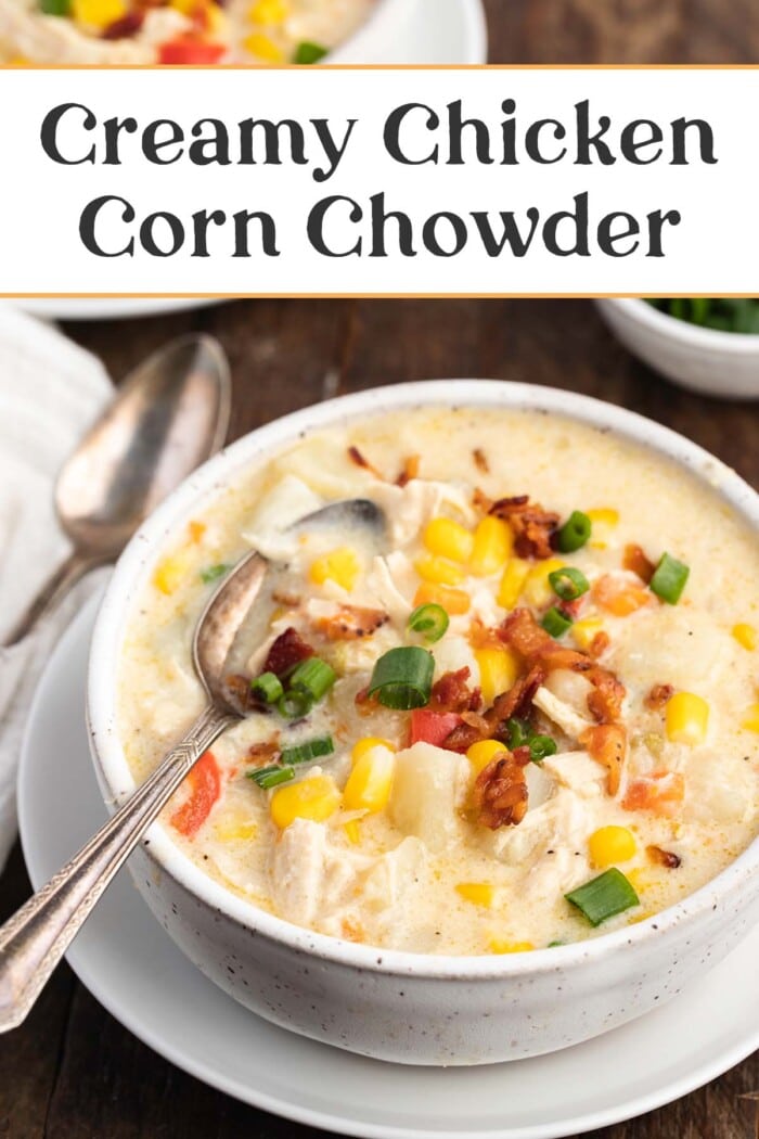 Pin graphic for chicken corn chowder.